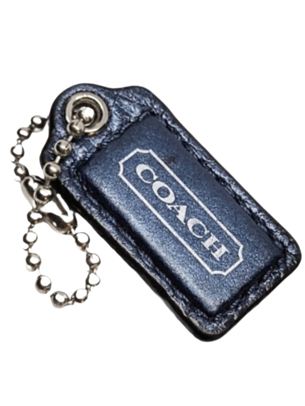 😍 1.5" Coach Y2K Metallic Navy Blue Leather Hangtag Bag Fob Mini Charm Keychain